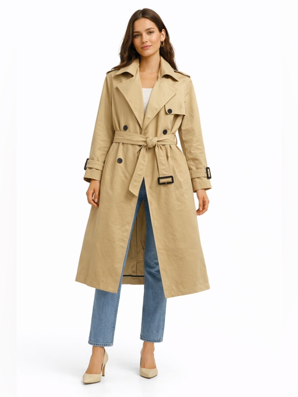 Zara Double-Breasted Beige Trench Coat with Belt